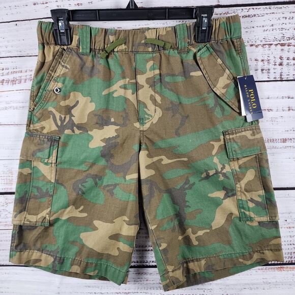 NWT Polo Ralph Lauren Cargo Shorts Youth 18 Camo Green Ripstop Cotton Drawstring - Picture 1 of 9